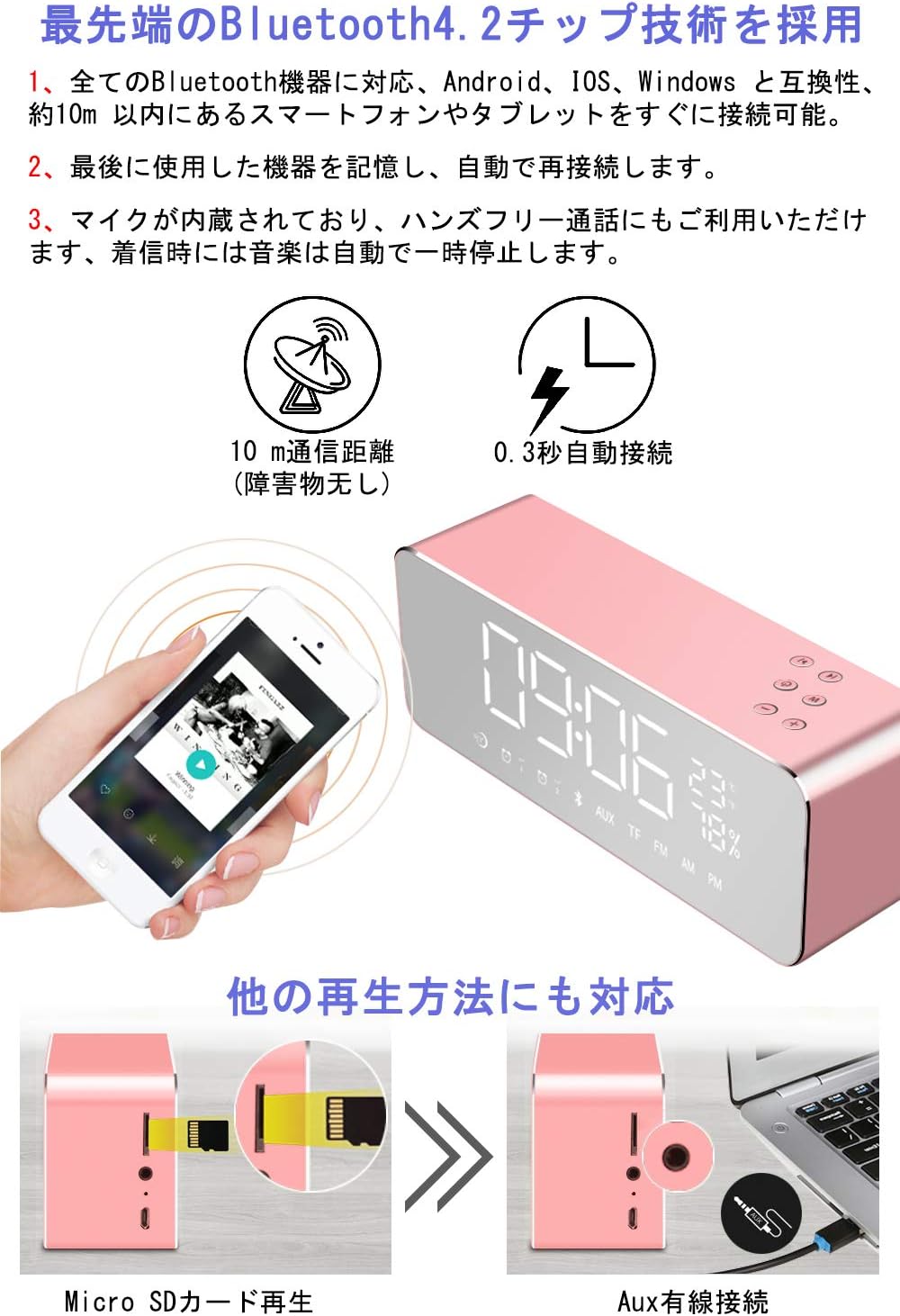 Amazon Bluetooth スピーカー ブルートゥーススピーカー 時計スピーカー ワイヤレススピーカー 8時間連続再生 重低音 大音量 置き時計 目覚まし時計 温度計 ハンズフリー通話 Iphone Android Pcなど対応 Aux Tf Fmカード対応 3600mah電池 ポータブルスピーカー Pse電気