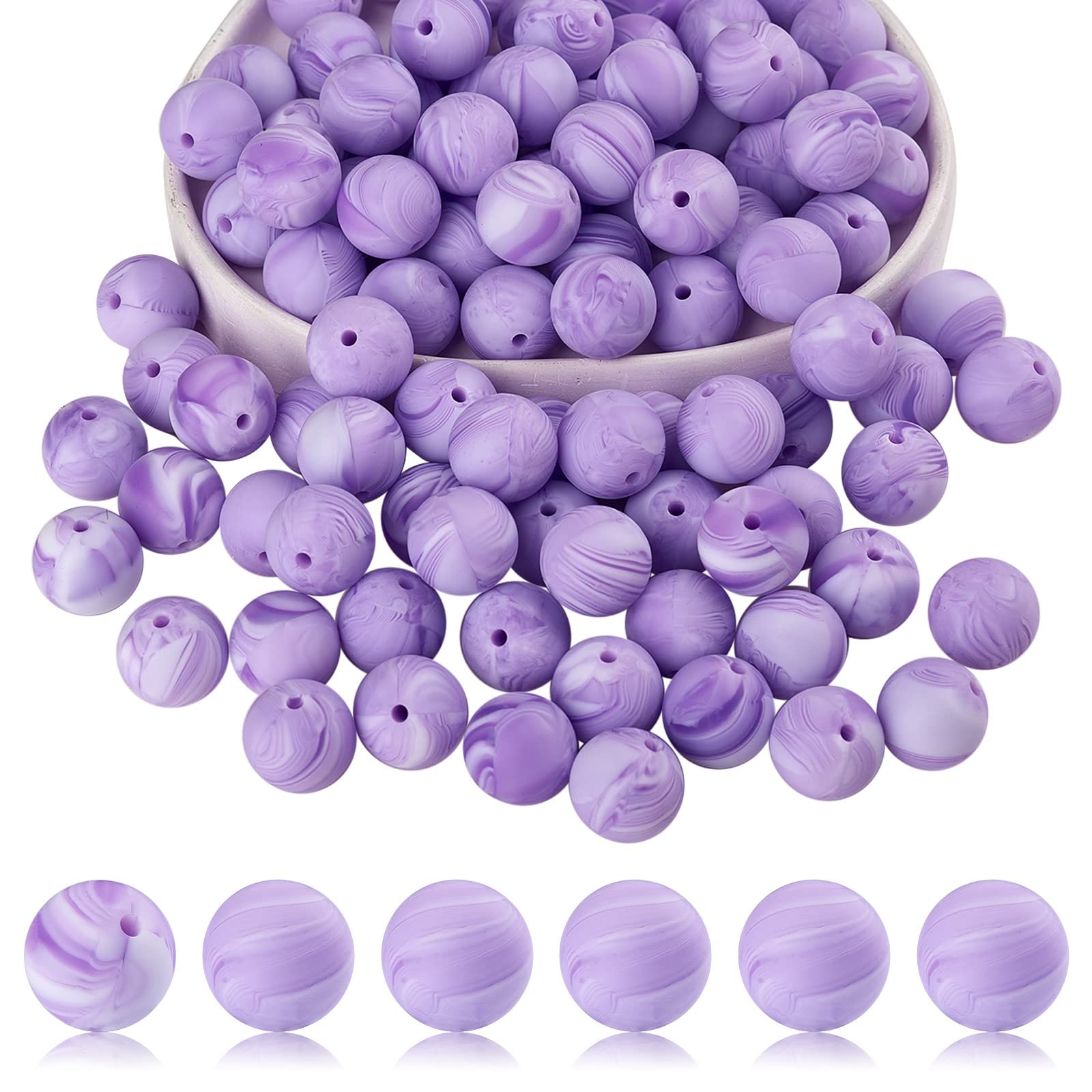 BEEFLYING 100 Pieces Silicone Beads 15mm Round Rubber Focal Bead Loose Spacer Beads for Keychain Making, Pen Bracelet Necklace Jewelry DIY Craft (Lilac) — image 1