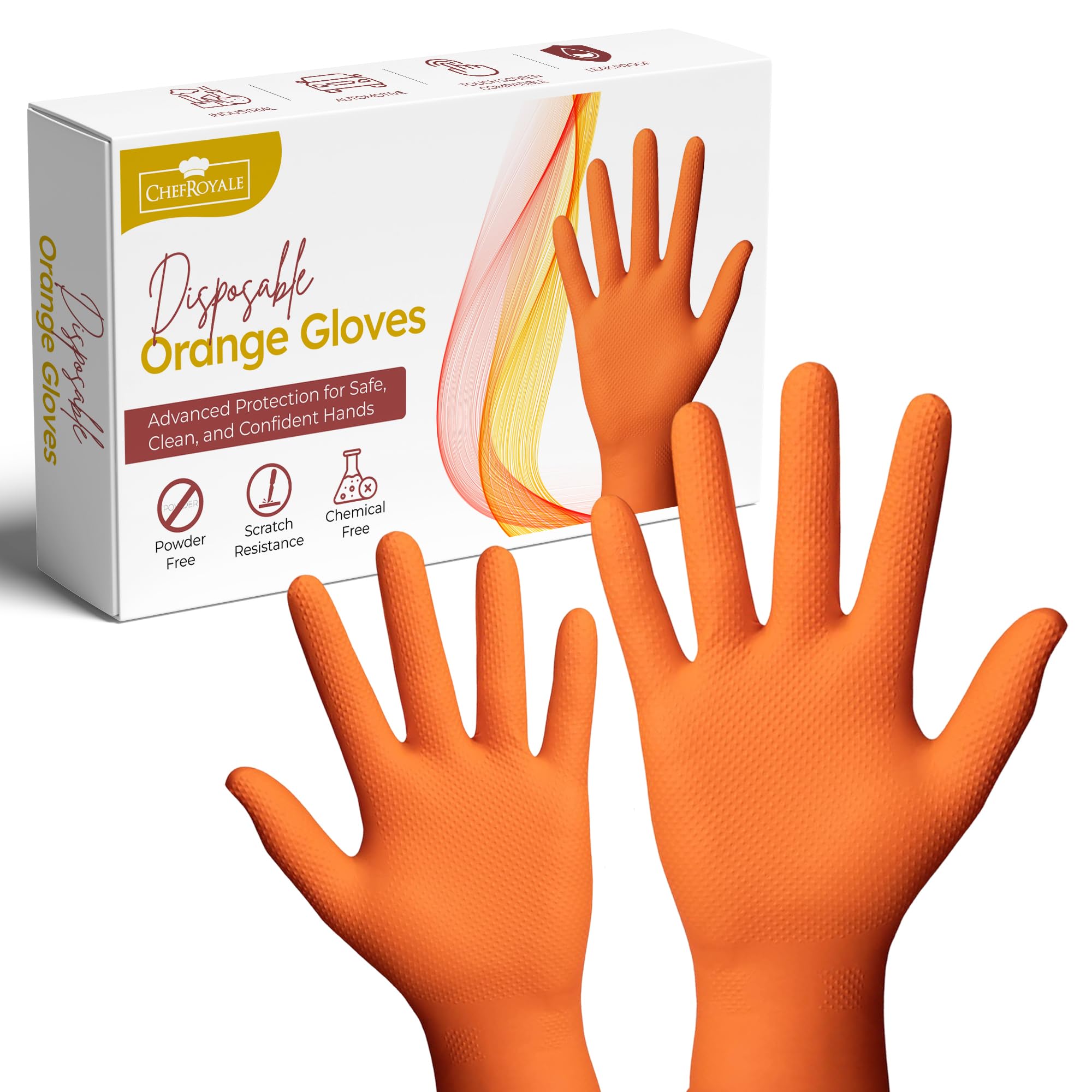 CHEF ROYALE (100, Medium Orange Nitrile Gloves - Unisex Disposable Gloves - Heavy Duty Protection for Gardening, Mechanics, Cleaning, and More | Thorn Proof, Waterproof, Latex-Free (100, Medium)