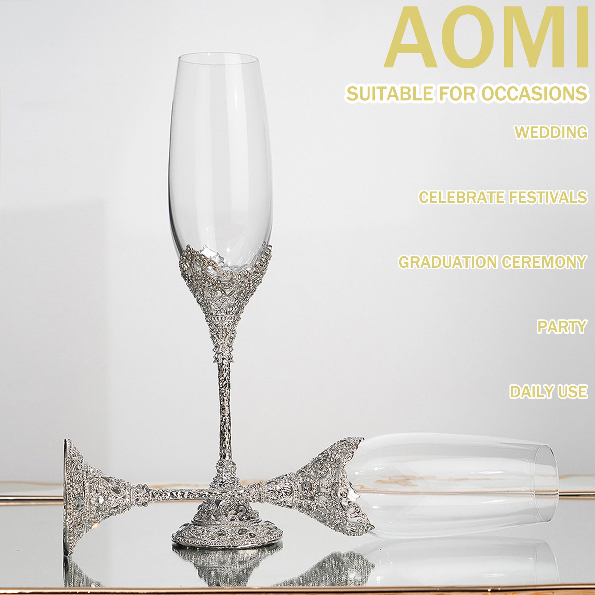 Wedding Champagne Flutes Toasting Glasses, Silver 7oz Toasting Flute Pair Crystal Metal Base with Sparkling Crystals for Wedding Anniversary Party Birthday Banquet and Gift for Bride Groom Giftboxed