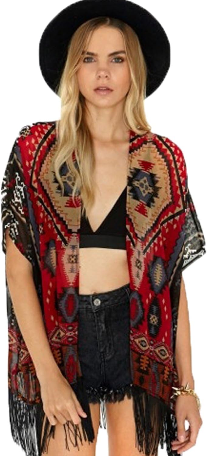 Moge Women Flower Print Tassel Fringe Kimono Long Cardigan Loose Top Blouse