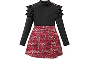 YOURUIKEY Girls Clothes Skirt Set 2 Piece Ruffle Sleeve Shirts and Plaid Skirts Fall Winter Outfits