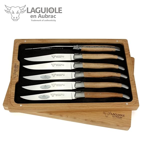Laguiole en Aubrac Steakmesser - 6er Set - Griff Eichen-Holz - Original Frankreich mit Zertifikat - sechs Tafelmesser