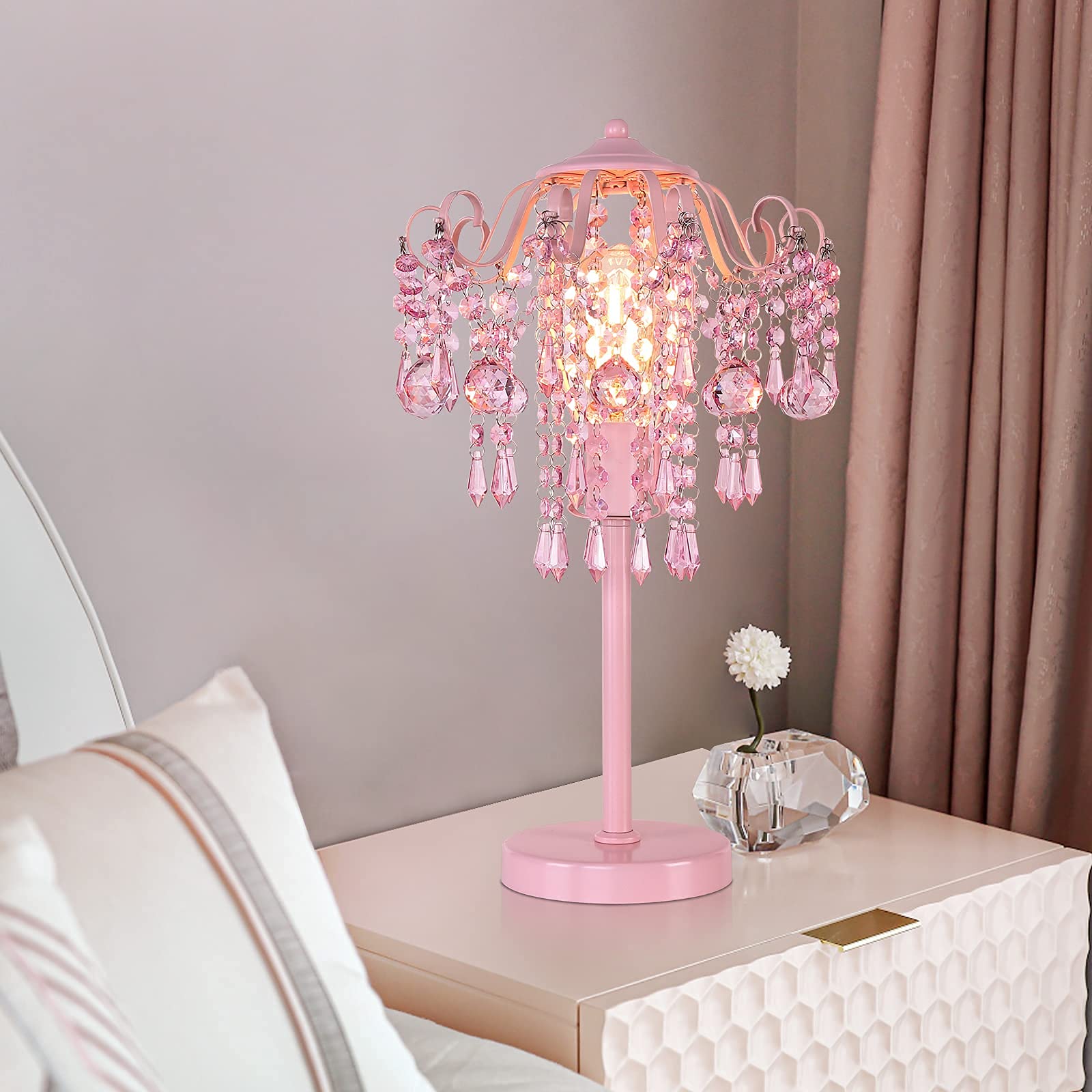 MEIXISUE Small Pink Crystal Bedside Table Lamp End Table Lamp Nightstand Lamp for Bedroom Living Room Office H20.4