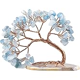 Amogeeli Aquamarine Crystal Copper Money Tree with Natural Agate Slice Base, Fengshui Bonsai Tree Decor for Luck & Wealth
