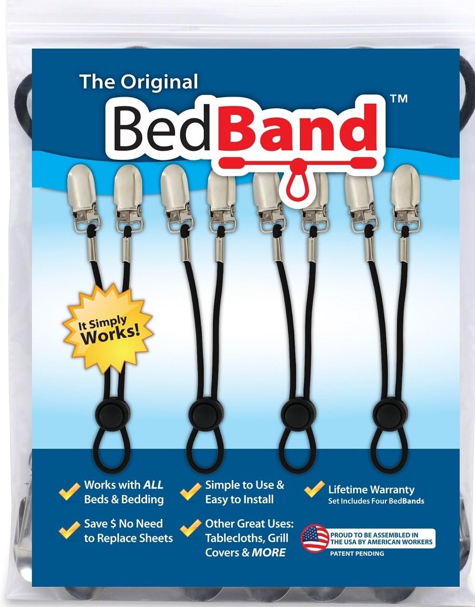 Bed Band Not Made in China. 100% USA Worker Assembled.. Bed Sheet Holder, Gripper, Suspender and Strap. Smooth any Sheets on any Bed. Sleep Better. Patented.,Black,1 Pack (4 Bands): Home & Kitchen