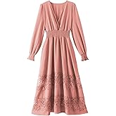 Olaesa Women's Lace Maxi Dress Short Sleeve V Neck Party Dress Smocked Waist Boho Maxi Dress Bohemian Dress for Women