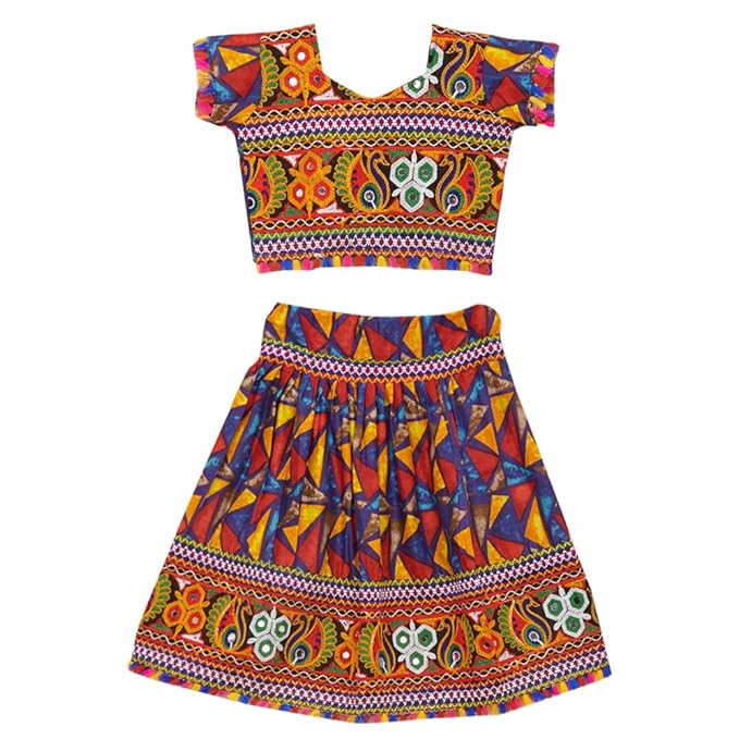 Banjara By Hopscotch Girls 100% Cotton Kutchi Embroidered Chaniya Choli in Blue Color