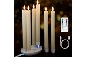 PATIPHAN Rechargeable Flameless Taper Candles with Charging Station, 6 Pcs Real Wax LED Taper Candles Flickering with Remote&Timer, 3D Flame Battery Candlesticks for Home Wedding Christmas Decor (Ivory)