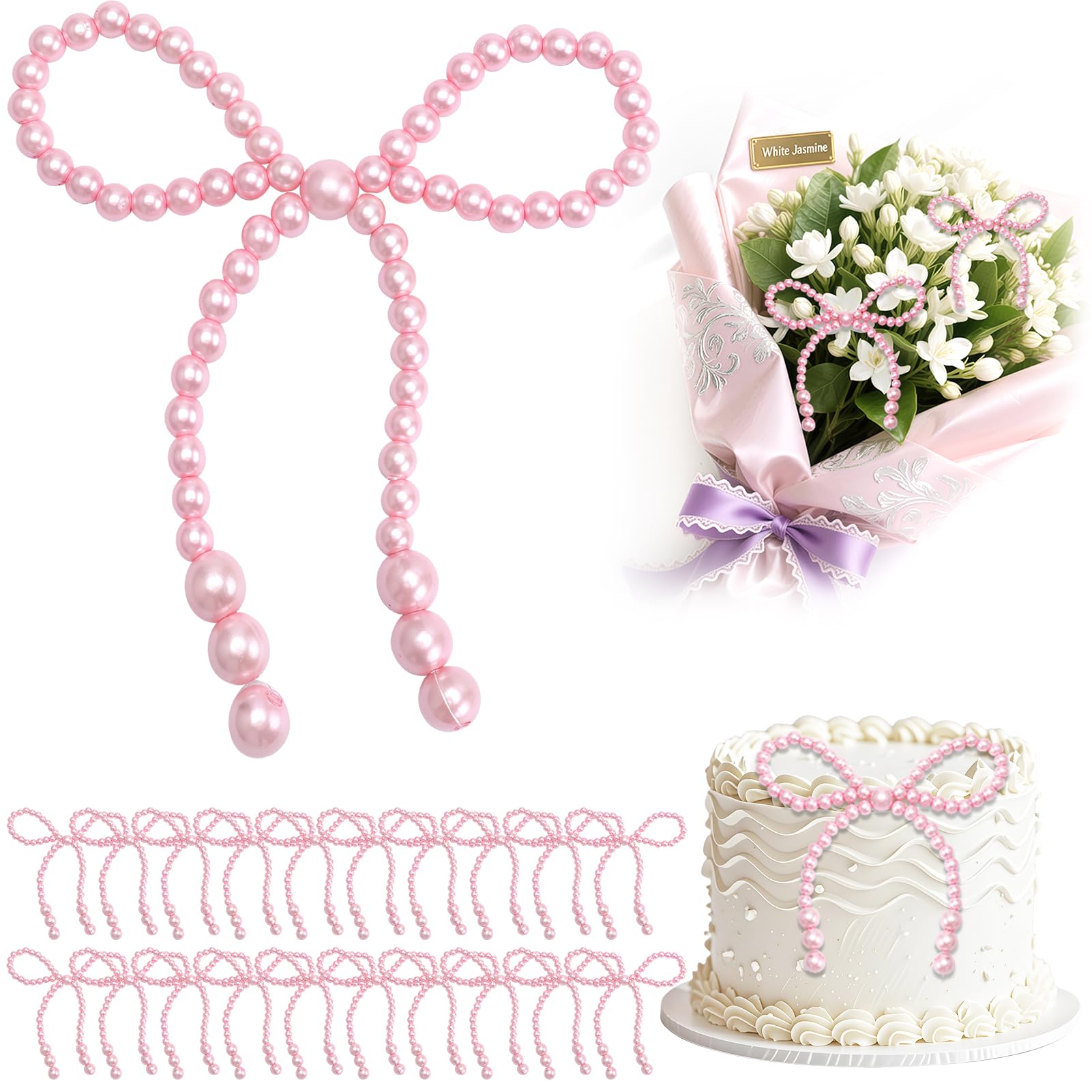 Photo 1 of 20Pcs Pearl Bow Cake Topper Coquette Cake Decorations Pearl Bows for Cupcake Bouquets Party Cute Pink Cake Decor for Weeding Baby Shower Women Girls Princess Themed Birthday Party Accessories