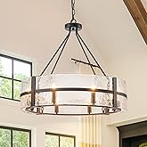 HUOKU 28" Black Glass Chandelier for Dining Room, 8-Light Modern Large Glass Drum Chandelier Dining Room Light Fixture Over T