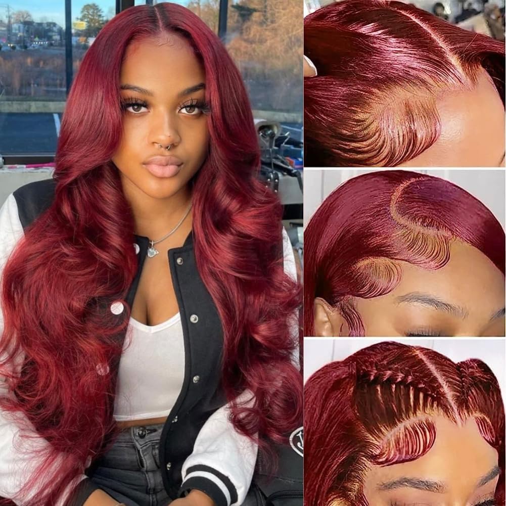 HEFABRIGHT 99j Wine Burgundy Lace Front Wigs Human Hair Glueless Wine Red Colored Body Wave Pre Plucked with Baby Hair 180% Density 13x4 HD Transparent Frontal Wigs for Women 30 Inch
