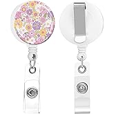 quohet 2 Pack Retractable Badge Holders Cute Badge Reel Badge Clip ID Card Holders for Student Office Worker Doctor Nurse Teacher(Flower Cluster)