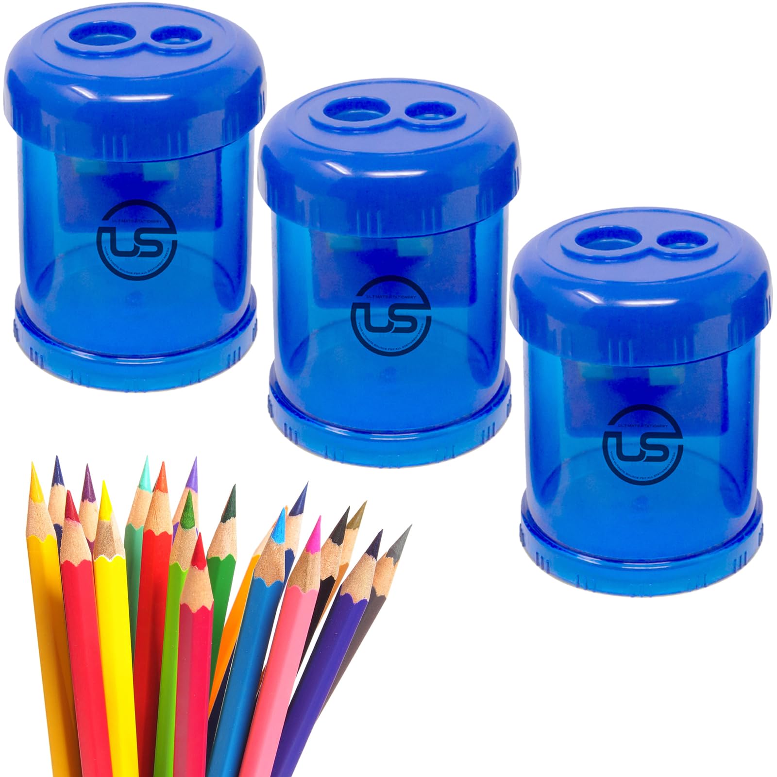 Pencil Sharpeners, 3 Pack Blue Dual Hole Sharpener with Receptacle Pencil Sharpener Manual Pencil Sharpeners for Regular and Oversized Pencils or Crayons