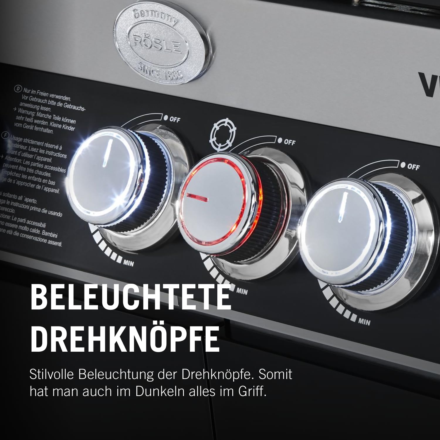 RÖSLE Gasgrill BBQ-Station VIDERO G4-S Schwarz, Grill mit 4 Edelstahlbrennern, extra Primezone und Seitenbrenner, klappbare Seitentische, VARIO+, pulverbeschichteter Stahl 8