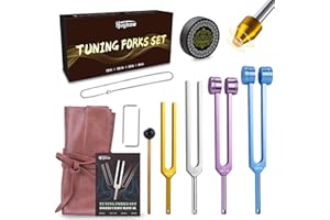 Hugbow Tuning Forks for Healing, 4 PCS Aluminum Alloy Tuning Fork 128Hz, 136.1Hz, 256Hz, 384Hz, Hockey Puck Activator & Feet,