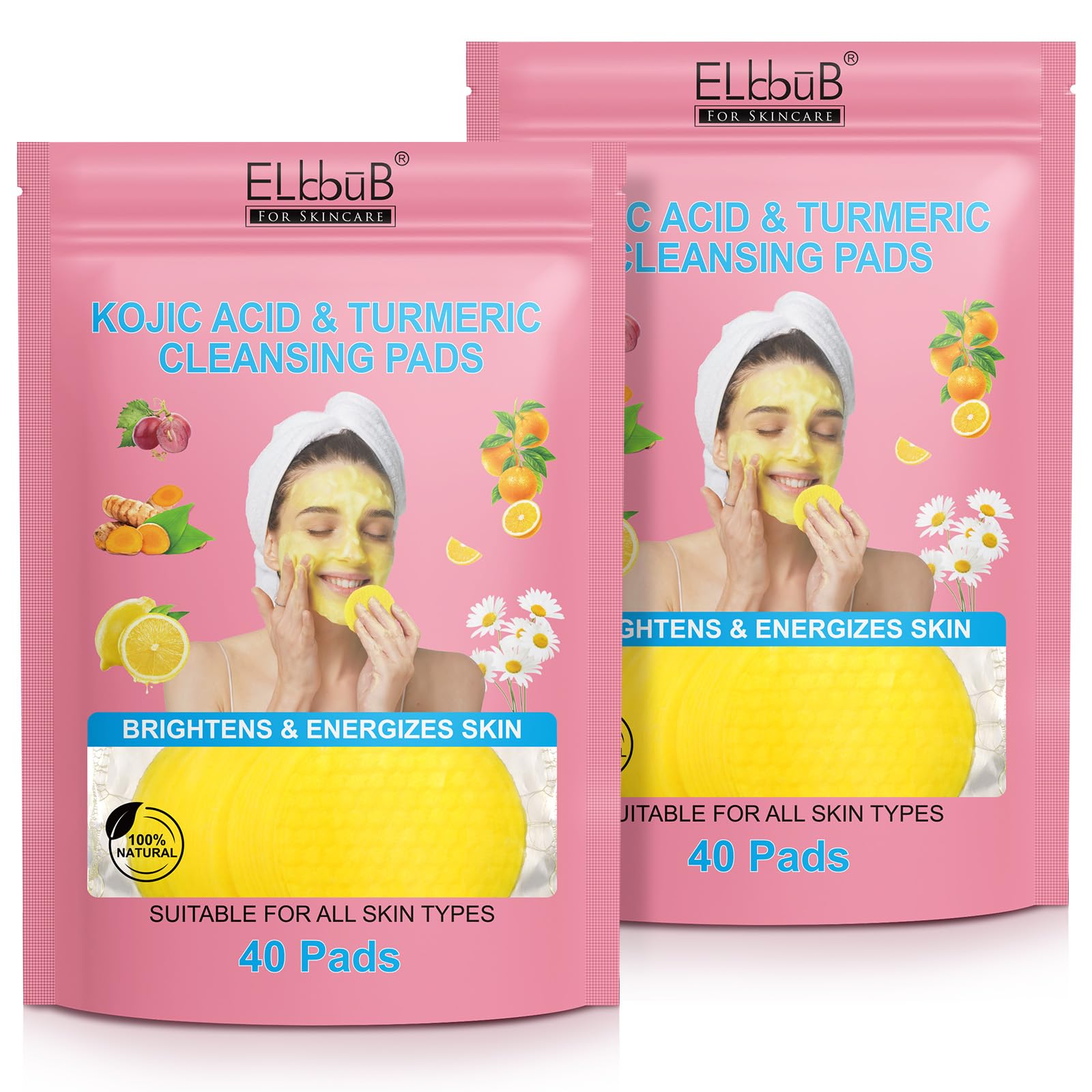 Turmeric Kojic Acid Cleansing Pads - Brightening & Energizing Skin | Deep Clean Pores, Remove Excess Keratin, Firming Face, Treat Acne Scars & Dark Spots | Suitable for All Skin Types