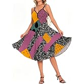 Women Spaghetti Strap Halloween Dresses Sleeveless V Neck Loose Swing Dress | Halloween Themed Party,Sleeveless Loose Swing Dresses,Adjustable Strap,Patchwork Print, Stretchy,Flare Dress,Cosplay Costumes