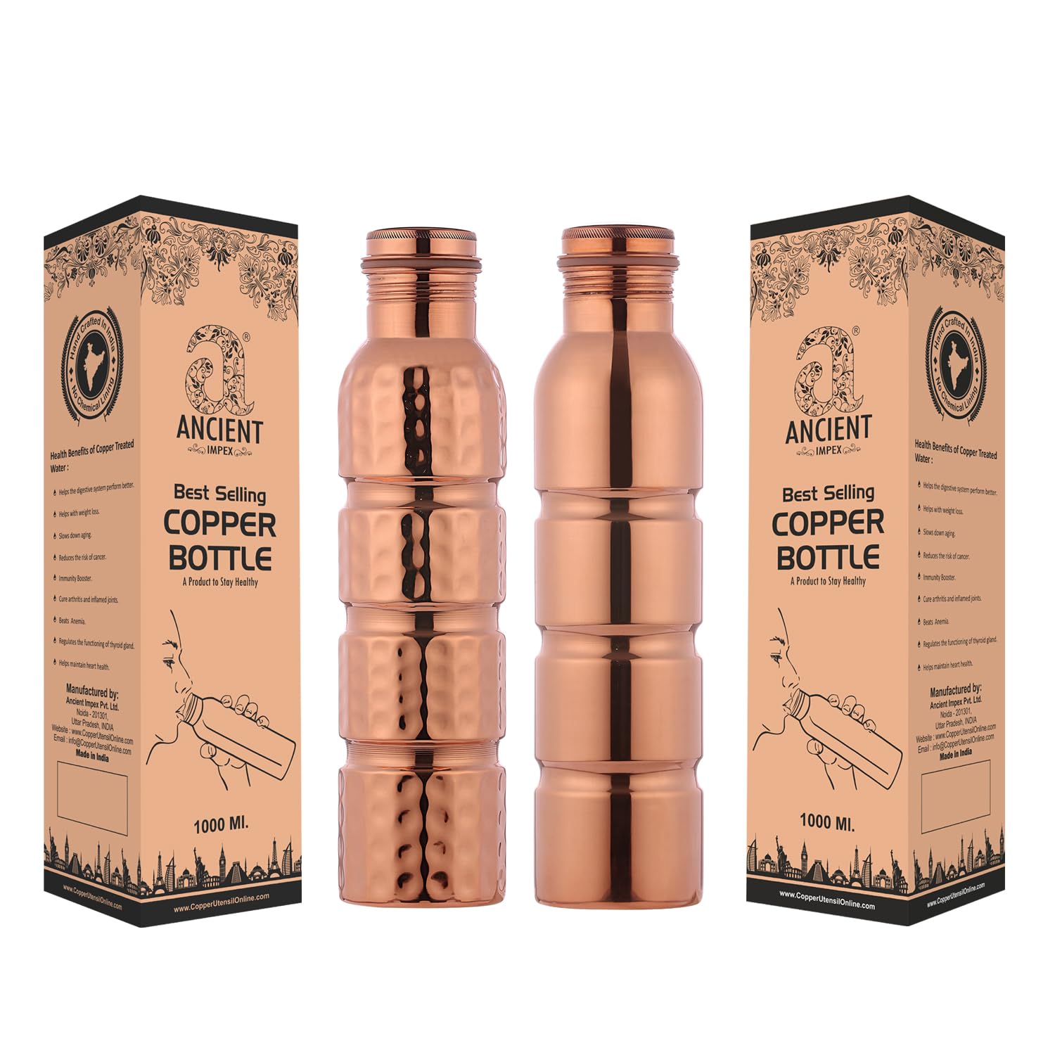 ANCIENTIMPEX Pure Copper Water Bottles Set of 2 β 1000 Ml (33.81 FL Oz) Seamless Leak-proof Ayurveda Copper Bottles for Health, Detox & Daily Hydration