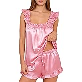 GraceSelect Satin Pajamas for Women Set 2 Piece Cute Ruffle Tank Top and Shorts Pjs Silk Bridal Sleepwear Set Sexy Nightwear