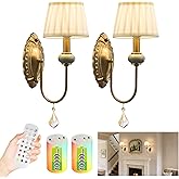 Wireless Battery Operated Antique Brass Wall Sconces Set of 2, 10000mAh Rechargeable Gold Crystal Vintage Fabric Shade Wall L