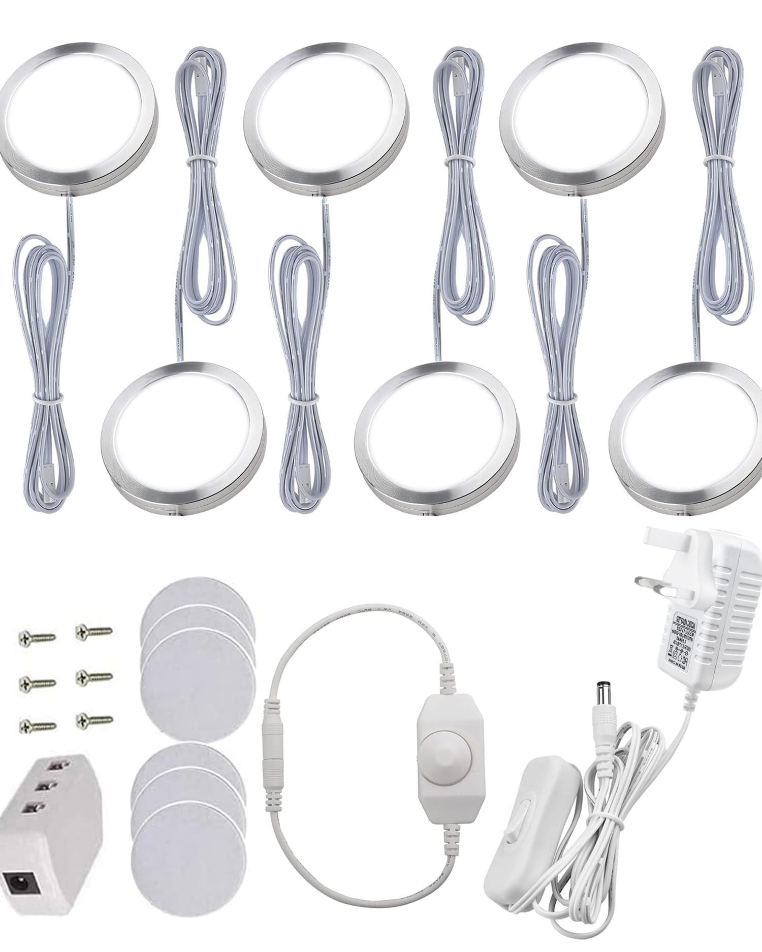Cefrank Under Cupboard Lighting, 6Pcs Dimmable LED Puck Lights, Kitchen Lighting for Display Cabinet, Wardrobes, Under Counter, Tv Units, Bookcase - UK Plug - White 6000K 1020lm