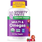 SmartyPants Toddler Organic Multivitamin Gummies, Omega 3 ALA, Zinc, 60 Ct | Vitamins D3, C, B12, B6, A, K, Zinc, Biotin, Clean Label, 30 Day Supply