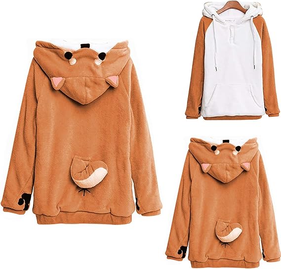 Amazon Dongjiao レディース 柴犬 パーカー 長袖 柴犬フード付き トレーナー かわいい 柴犬 犬耳 犬尾 珊瑚フリース ホーム プルオーバー 春秋冬 ゆったり カジュアル トップス スウェットパーカー フーディー 裏起毛 萌え トレーナー パーカー 通販