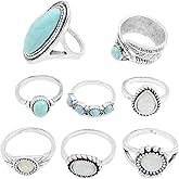 Rrdaily 8 Pcs Bohemian Joint Knuckle Rings Set for Women,Oval Turquoise Finger Ring Opal Gemstone Teardrop Midi, Punk Leaf Index Ring Party Daily Gift
