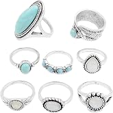 OAOSIOH 8Pcs Boho Vintage Turquoise Rings Set For Women, Unique Retro Oval Dome