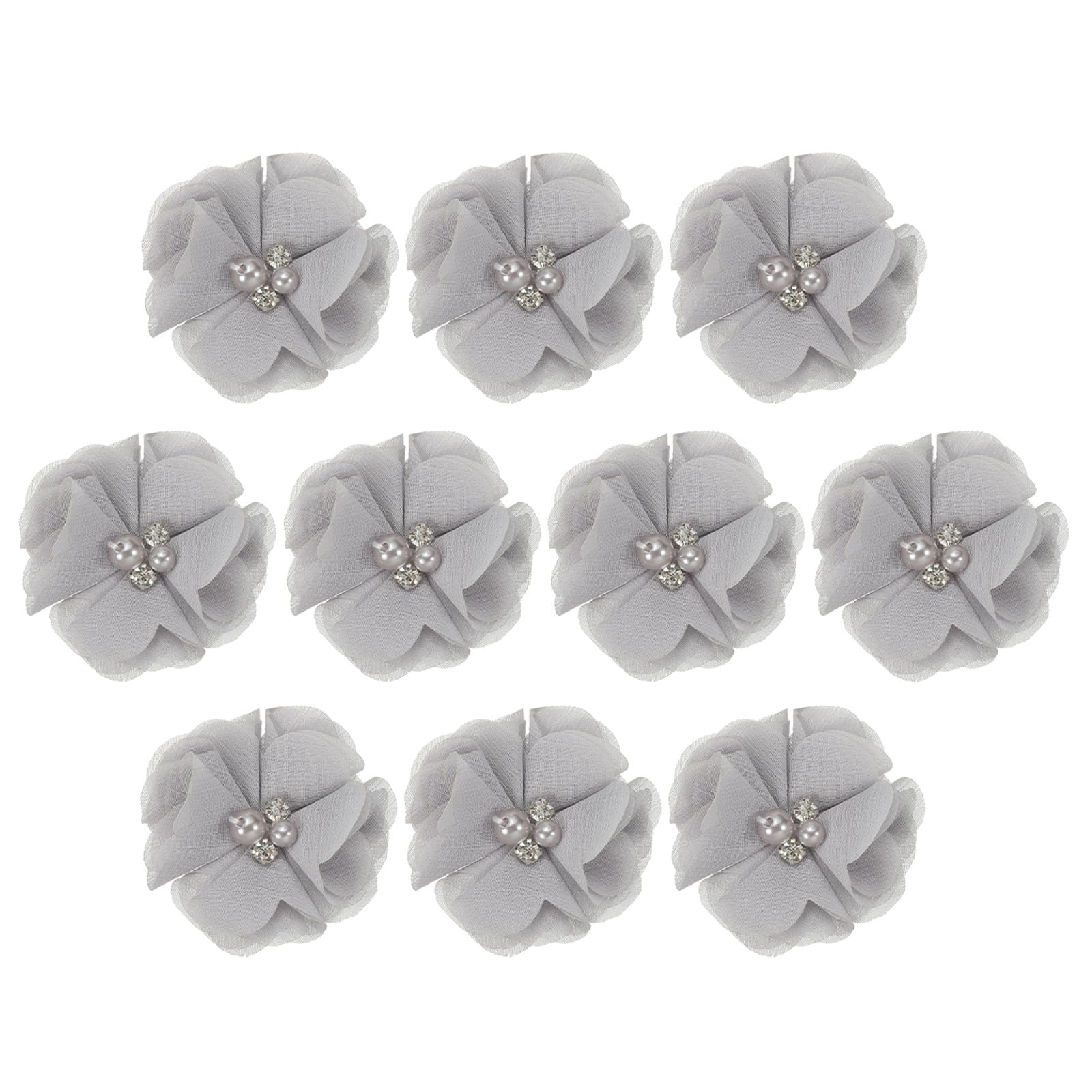 PATIKIL 2" Chiffon Flowers, 10Pcs Fabric Flowers Sewing Appliques Embellishments with Rhinestone Pearl for DIY Crafts Wedding Headbands Party Decoration, Grey