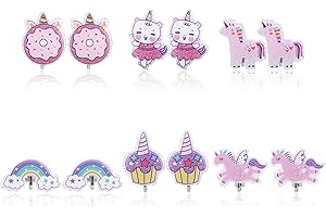 Mikovivi 6 Pairs Clip On Earrings for Kids, Cute Princess Resin Clip On Earrings No Pierced Kids Jewelry Donut Cupcake Rainbow Design Dress Up Jewelry for Toddler Girls Party Gift