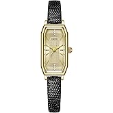 CARLIEN Women's Small Gold Vintage Dainty Rhinestone Rectangular Quartz Watch Slim Leather Band Waterproof Analog Wristwatch for Women