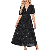 Womens Sparkly V Neck Midi Dress Shprt Sleeve Sequin Glittery Party Dress with Elastic Waist Cocktail Evening Gown