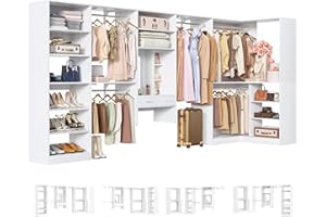 Unikito Closet System with Vanity Desk, 156”Modular Corner Closet Organizer System with Hanging Rods & Adjustable Shelves, Freestanding Wood Wardrobe Organizer, Sturdy Walk in Closet Tower, White