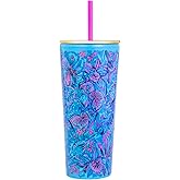 Lilly Pulitzer Double Wall Tumbler with Lid and Reusable Straw, Blue Plastic Cup, Insulated Travel Cup Holds 24 Ounces, Shells N Bells