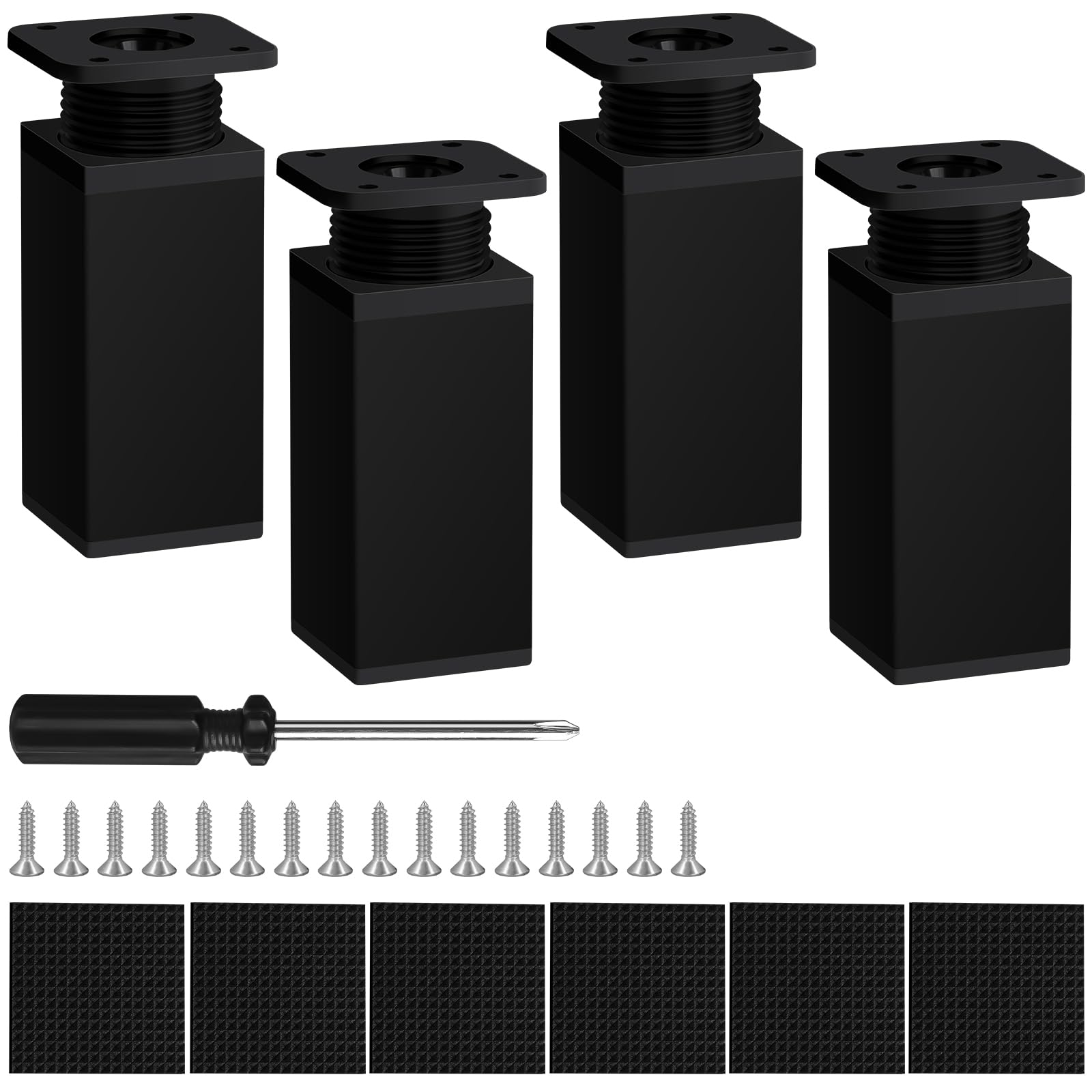 AUAUY Adjustable Cabinet Legs, 4 PCS Black Table Furniture Feet 100mm, Adjustable Height 0-20mm, Cabinet Legs with Screws Screwdriver and Non-slip Mat for Kitchen Cupboard Sofa Beds and DIY Furniture