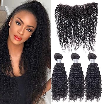 Amazon Com Cute Fairy 3 Bundles Kinky Curly Hair With Frontal