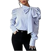 GORGLITTER Women's Striped Long Sleeve Shirt Blouse Trendy Business Casual Teacher Fall Work Bow Tie Neck Blouse Tops