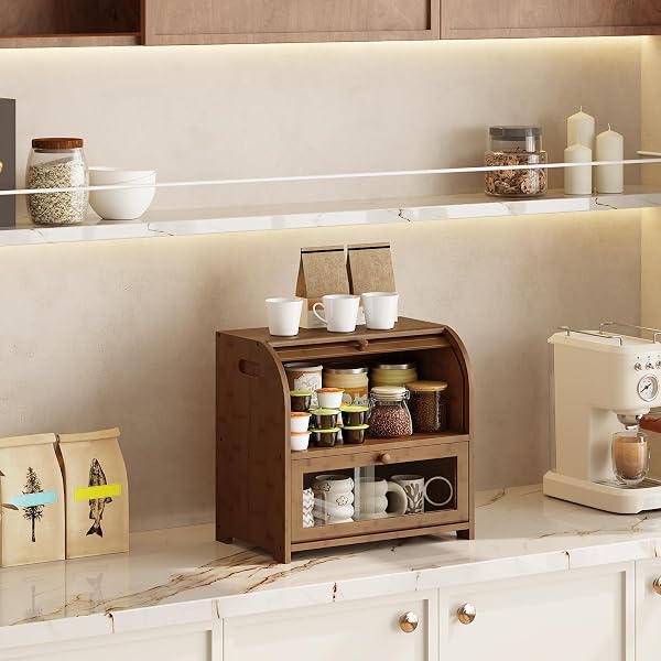 HOOBRO BREAD BOX, BAMBOO BREAD BOX FOR KITCHEN COUNTERTOP, 2 TIER ROLL-TOP BREAD BIN, FOOD STORAGE BOX, LARGE CAPACITY KEEPER, WOODEN STORAGE CABINET, FOR KITCHEN, DINING ROOM, BROWN BR13MB01