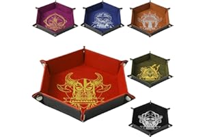 Grajar 6 Pcs DND Dice Tray with Characters Pattern for RPG D&D Table Games - Folding PU Leather and Velvet Rolling Holder Storage Box