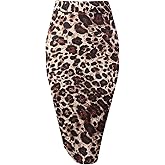 Topdress Women's Bodycon Pencil Skirts Basic Elastic High Waisted Stretch Short Skirt Knee Lenght with Slit