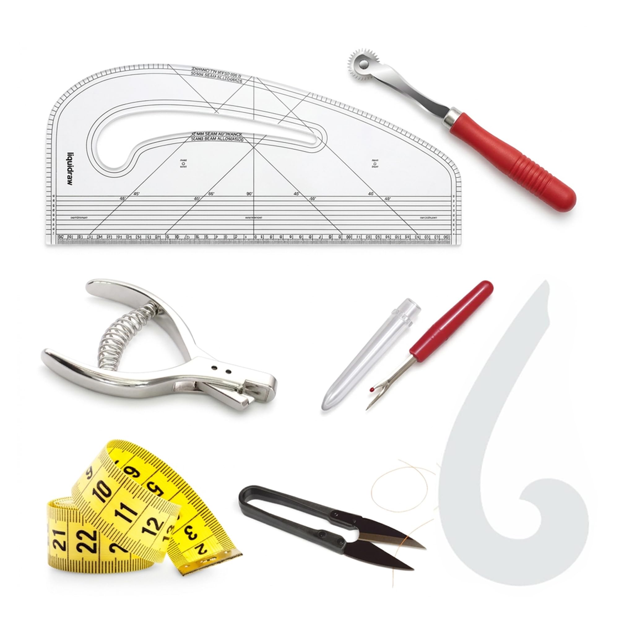 Liquidraw 7 Piece Sewing & Dressmaking Set | Pattern Maker Ruler, Pattern Notcher, Tracing Wheel, Thread Cutter, Seam Ripper, Measuring Tape & Armhole Curve | Professional, Beginner & Hobby Use
