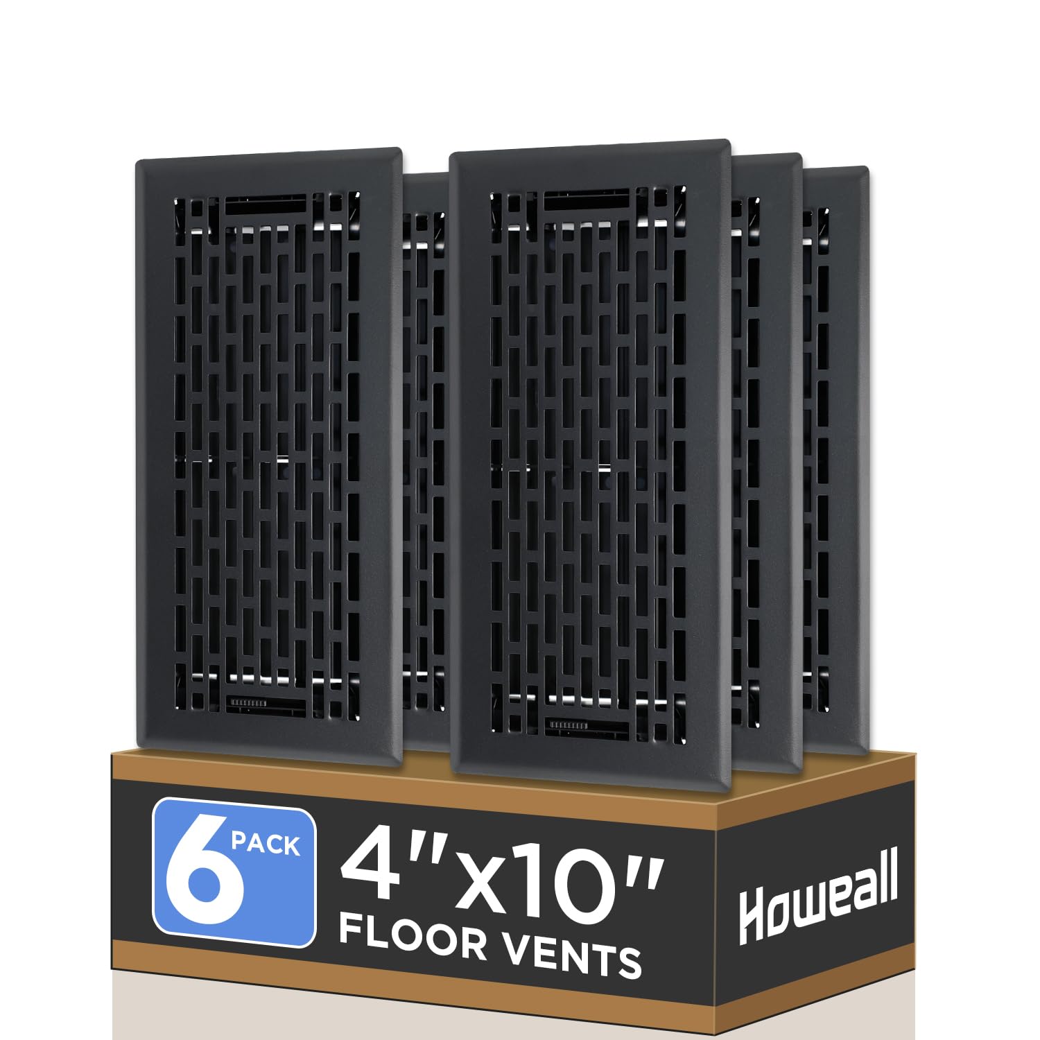 Photo 1 of Howeall 4x10 Inches 6 Pack Heavy Duty Walkable Floor Register - Easy Adjust Air Supply Lever Decorative Floor Vent Covers, Boston Design Vent Covers for Home - Matte Black