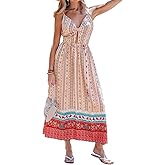 CUPSHE Summer Dress for Women V Neck Sleeveless Floral Cutout Smocked Ruffled Maxi Formal Beach Dress