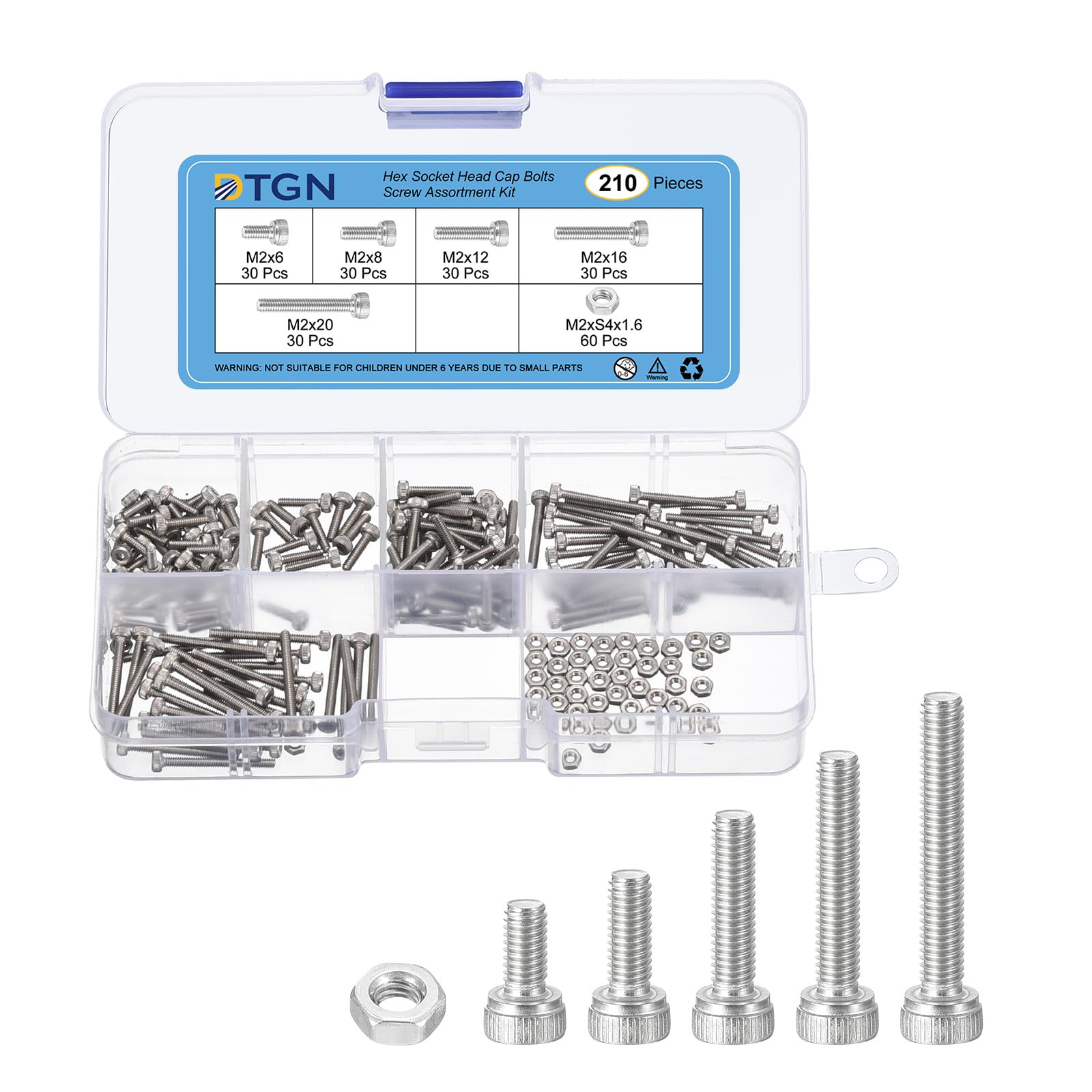 DTGN 210Pcs M2 Metric Screw Assortment, Bolts and Nuts Kit, 304 Stainless Steel M2x6/8/12/16/20mm Hex Socket Head Cap Screws Bolt Set for 3D Printing DIY