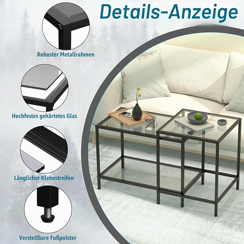 Couchtisch aus Glas,couchtisch,Wohnzimmertisch,Living Room Table Quadratisch Couchtisch 2er Set, Coffee Table,Beistelltisch, Sofatisch für Schlafzimmer, Wohnzimmer, Büro (Schwarz) — Foto 7 von 8