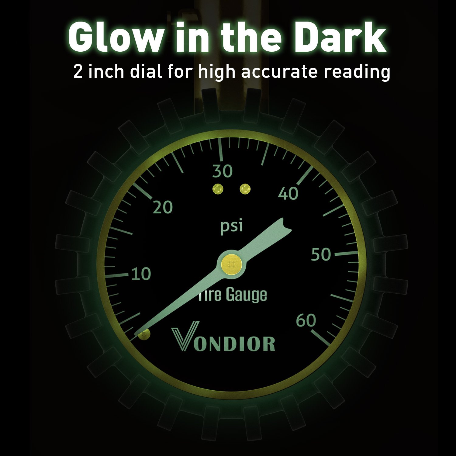 Tire Pressure Gauge - (0-60 PSI) Heavy Duty, Certified ANSI Accurate with Large 2 Inch Easy to Read Glow Dial, Low - High Air Pressure Gauge. Tire Gauge for Car and Trucks Tires by Vondior: Industrial & Scientific