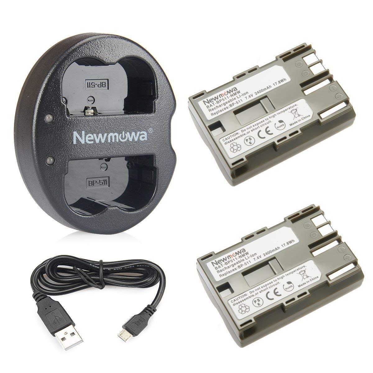Newmowa BP-511 Replacement Battery(2-pack) and Dual USB Charger for Canon BP-511 BP-511A Canon EOS 5D, 50D, 40D, 20D, 30D, 10D, Digital Rebel, D60, 300D, D30