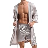 AMY COULEE Mens Silk Robe with Shorts 2 Pcs Satin Boxers Hooded Bathrobe Sexy Pajama Set Half sleeve Sleepwear
